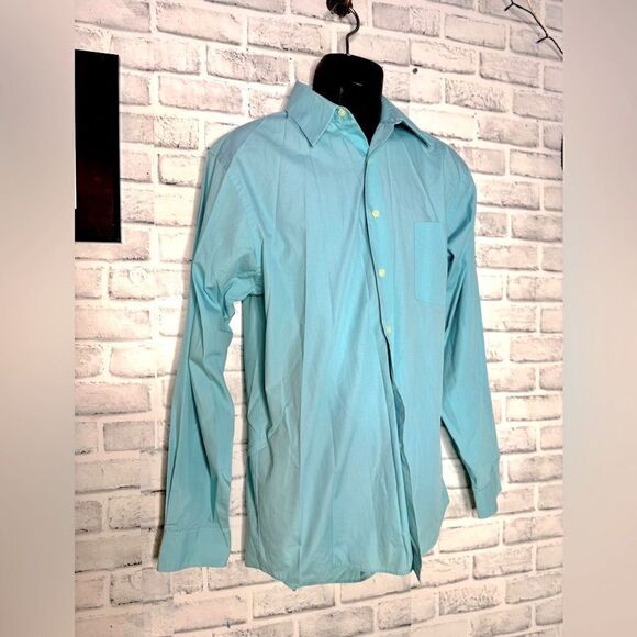 Van Heusen Poplin Turquoise Teal Button Down Shirt Size Large - Picture 2 of 5